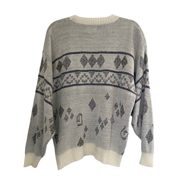 Vintage Ugly Grandpa Dad Sweater Cardigan 80's Mens Black White Gray Size L - Picture 2 of 9